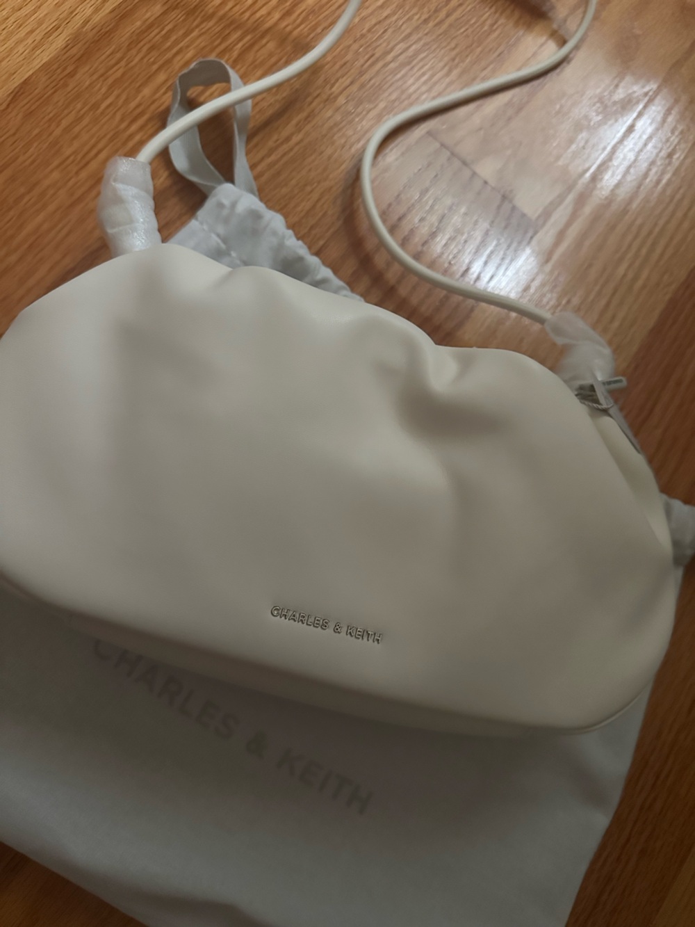 Charles & Keith Lorelai Ruched Knotted-Strap Shoulder Bag Cream Colour